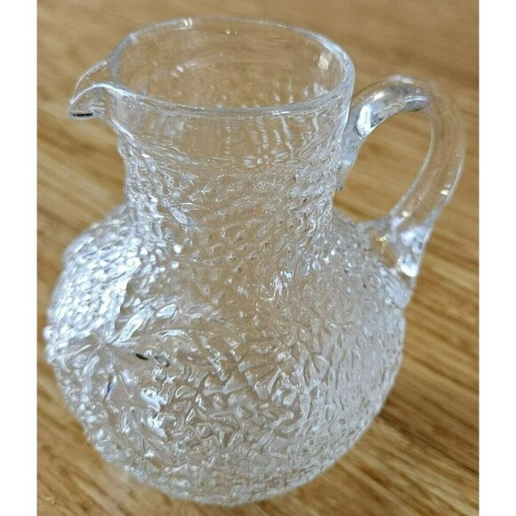 Handblown Clear Glass Pitcher w Crackle & Leaves‎ Applied Handle 5" Vintage - Picture 5 of 12